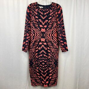 Maggy London Women’s Long Sleeve Back Zip Shift Dress Navy/Coral Midi Size 4